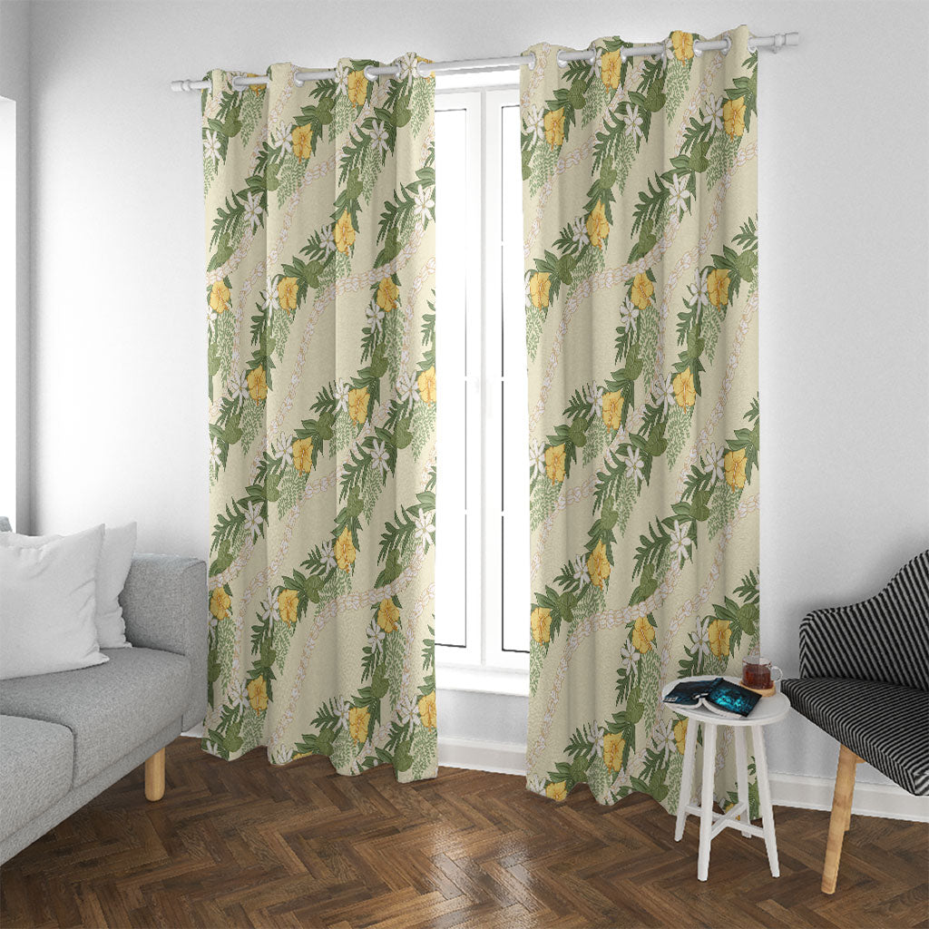 Hawaiian Pikake Maile Lei Window Curtain Tiare Hibiscus Kalo Palapalai Leaf Beige LT19 With Grommets Beige - Polynesian Pride
