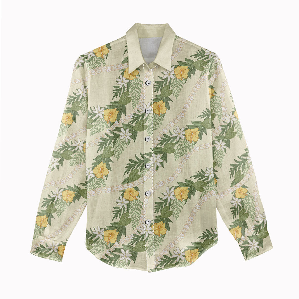 Hawaiian Pikake Maile Lei Women Casual Shirt Tiare Hibiscus Kalo Palapalai Leaf Beige