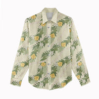 Hawaiian Pikake Maile Lei Women Casual Shirt Tiare Hibiscus Kalo Palapalai Leaf Beige