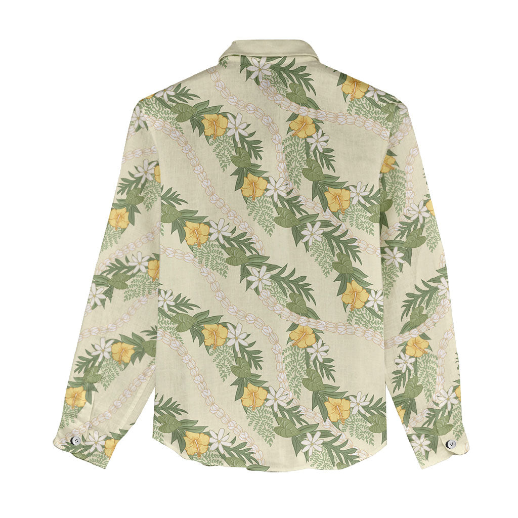 Hawaiian Pikake Maile Lei Women Casual Shirt Tiare Hibiscus Kalo Palapalai Leaf Beige