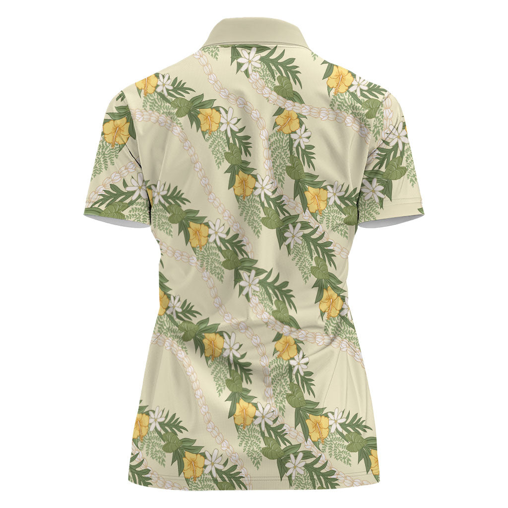 Hawaiian Pikake Maile Lei Women Polo Shirt Tiare Hibiscus Kalo Palapalai Leaf Beige