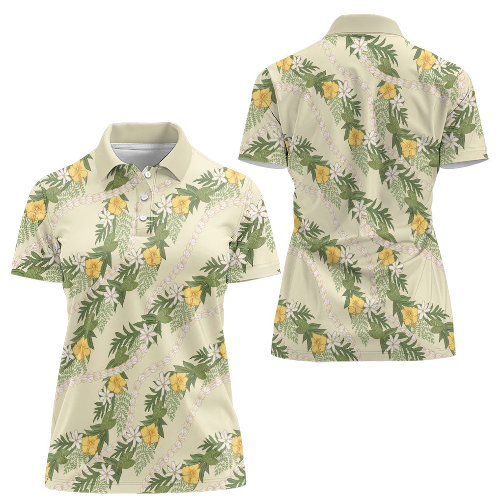 Hawaiian Pikake Maile Lei Women Polo Shirt Tiare Hibiscus Kalo Palapalai Leaf Beige