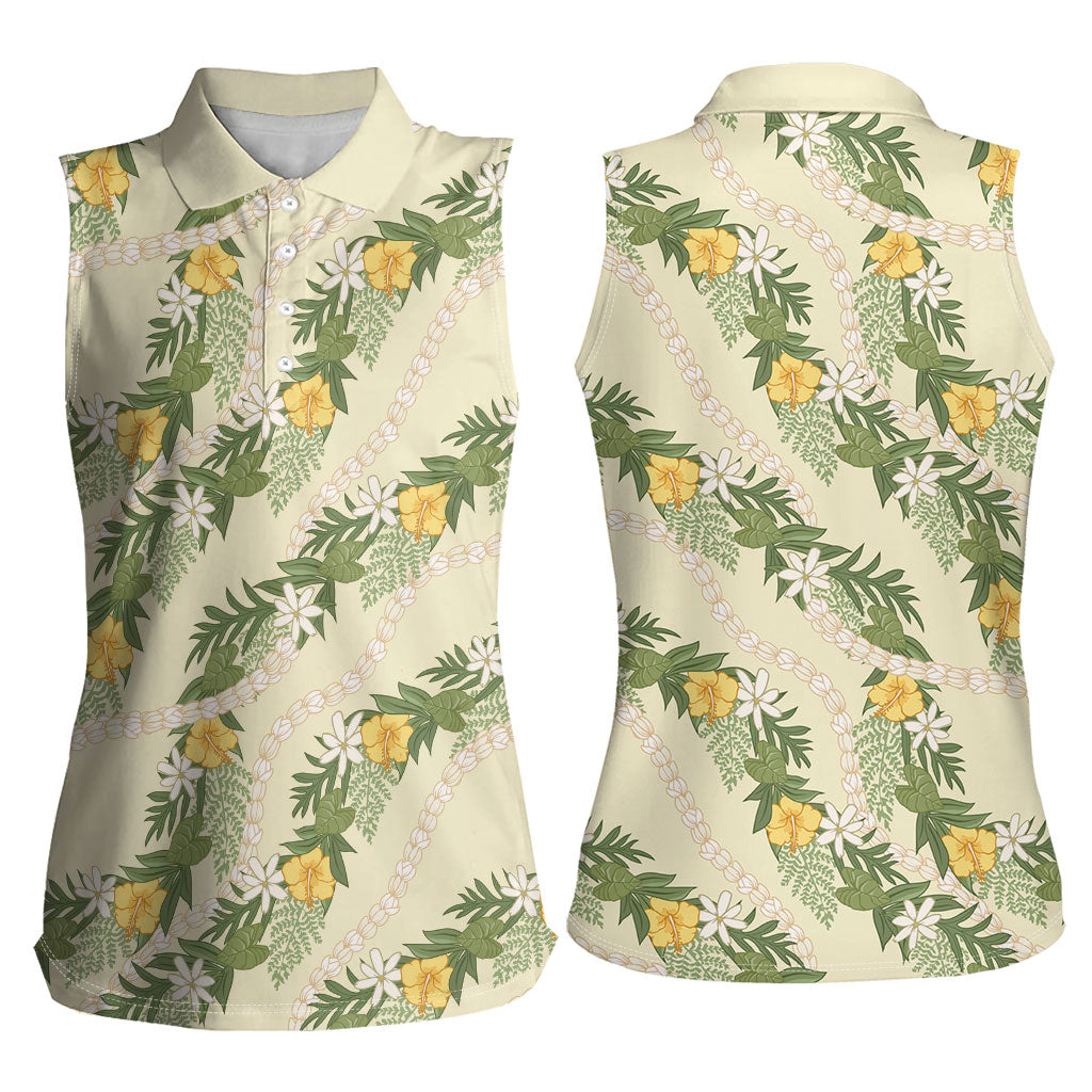 Hawaiian Pikake Maile Lei Women Sleeveless Polo Shirt Tiare Hibiscus Kalo Palapalai Leaf Beige