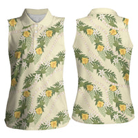 Hawaiian Pikake Maile Lei Women Sleeveless Polo Shirt Tiare Hibiscus Kalo Palapalai Leaf Beige