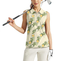 Hawaiian Pikake Maile Lei Women Sleeveless Polo Shirt Tiare Hibiscus Kalo Palapalai Leaf Beige