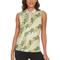 Hawaiian Pikake Maile Lei Women Sleeveless Polo Shirt Tiare Hibiscus Kalo Palapalai Leaf Beige