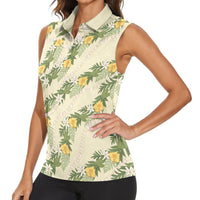 Hawaiian Pikake Maile Lei Women Sleeveless Polo Shirt Tiare Hibiscus Kalo Palapalai Leaf Beige