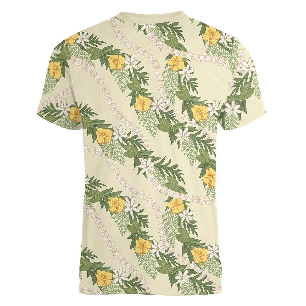 Hawaiian Pikake Maile Lei Women V-Neck T-Shirt Tiare Hibiscus Kalo Palapalai Leaf Beige