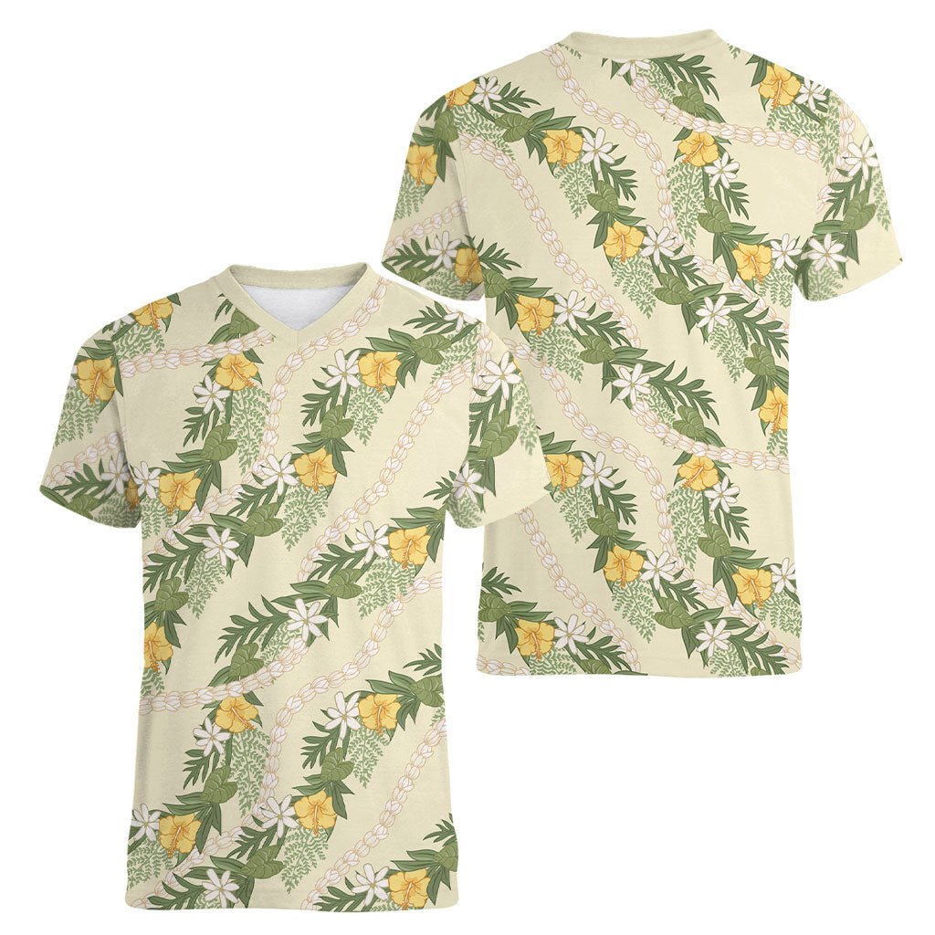 Hawaiian Pikake Maile Lei Women V-Neck T-Shirt Tiare Hibiscus Kalo Palapalai Leaf Beige