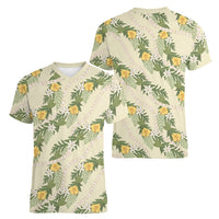 Hawaiian Pikake Maile Lei Women V-Neck T-Shirt Tiare Hibiscus Kalo Palapalai Leaf Beige