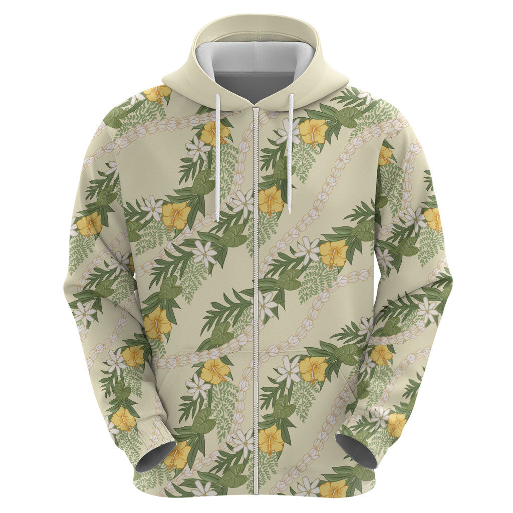 Hawaiian Pikake Maile Lei Zip Hoodie Tiare Hibiscus Kalo Palapalai Leaf Beige LT19 - Polynesian Pride