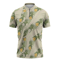 Hawaiian Pikake Maile Lei Zipper Polo Shirt Tiare Hibiscus Kalo Palapalai Leaf Beige