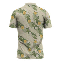 Hawaiian Pikake Maile Lei Zipper Polo Shirt Tiare Hibiscus Kalo Palapalai Leaf Beige