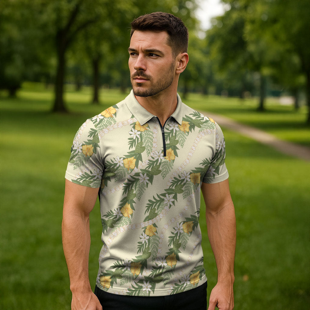 Hawaiian Pikake Maile Lei Zipper Polo Shirt Tiare Hibiscus Kalo Palapalai Leaf Beige
