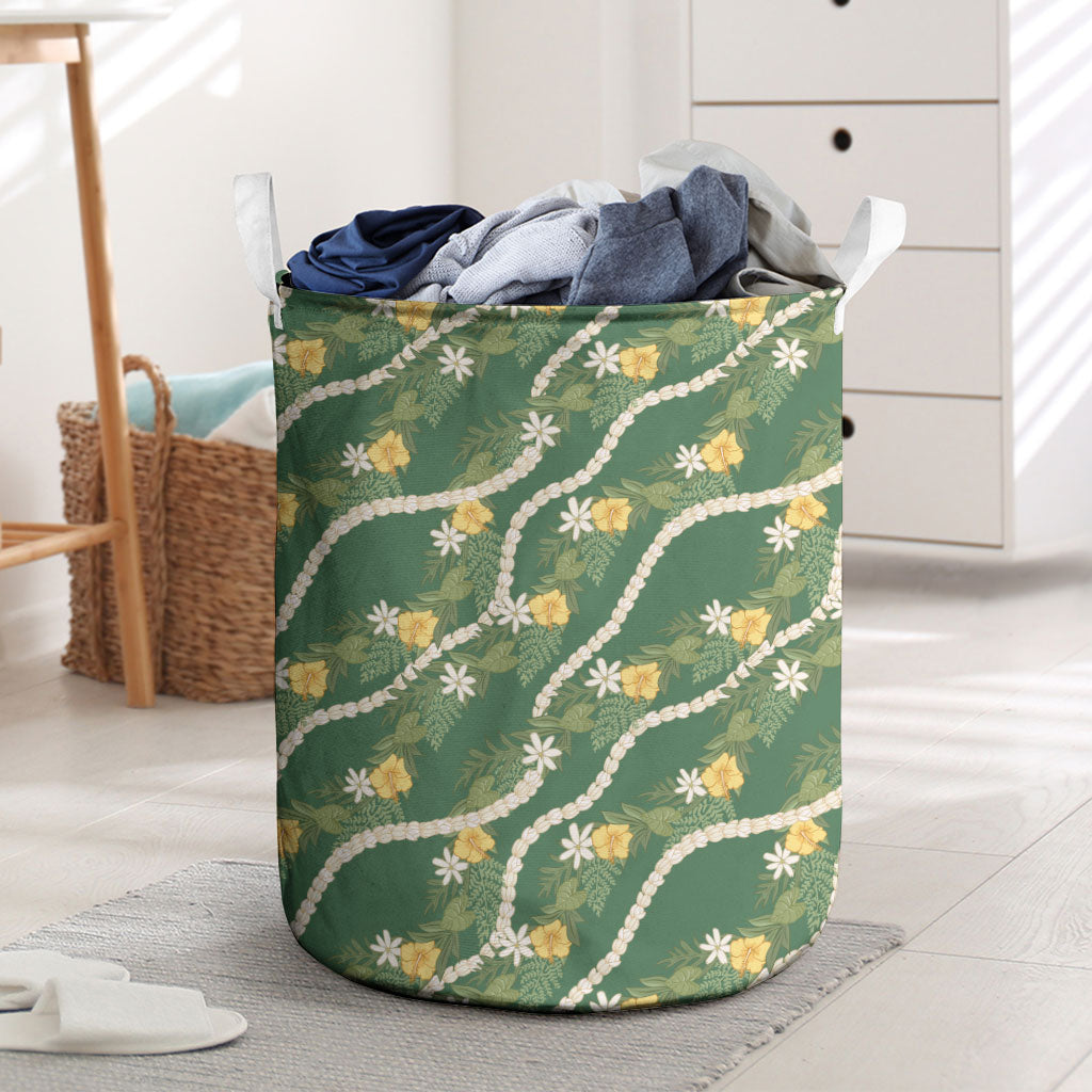Hawaiian Pikake Maile Lei Laundry Basket Tiare Hibiscus Kalo Palapalai Leaf Green LT19 Green - Polynesian Pride