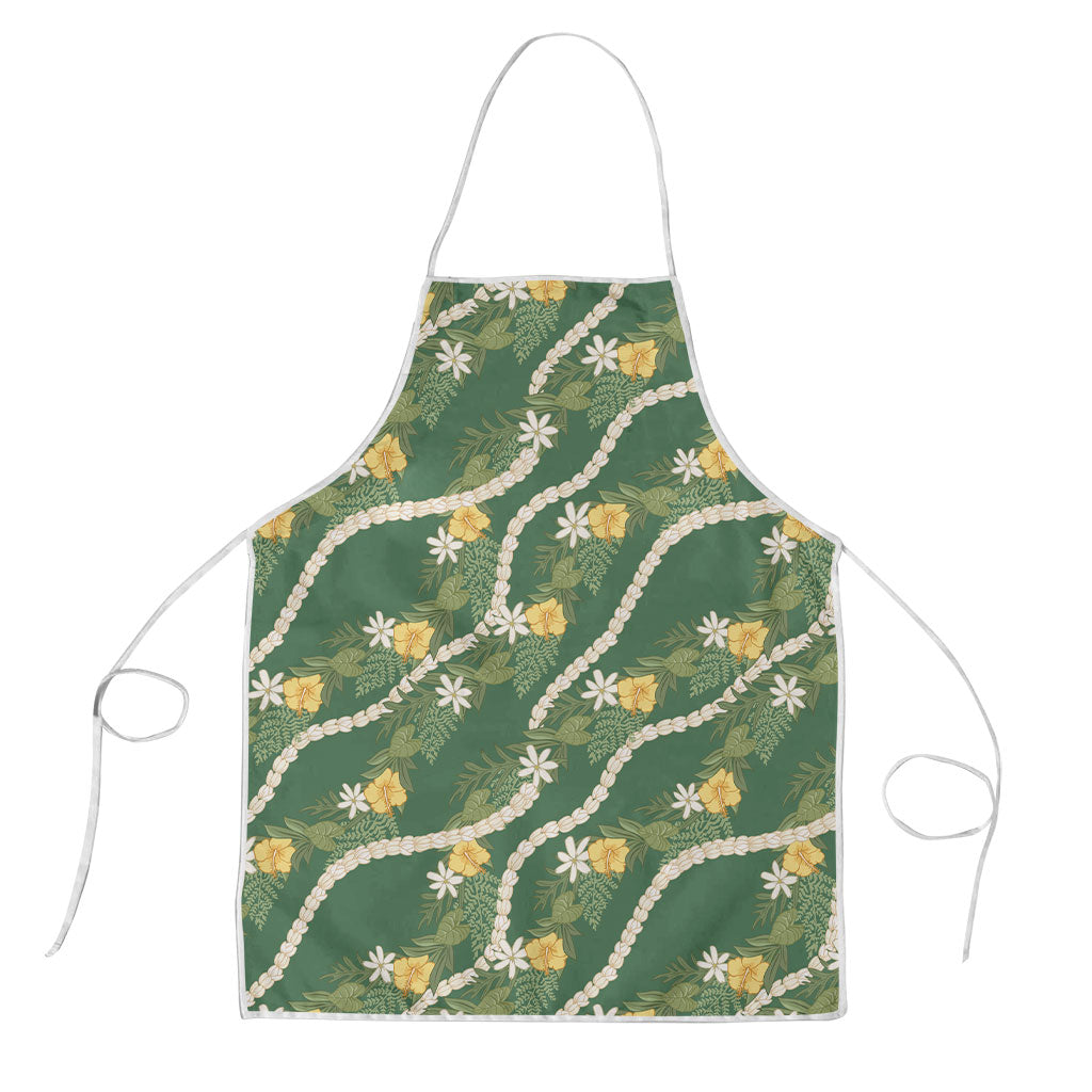 Hawaiian Pikake Maile Lei Apron Tiare Hibiscus Kalo Palapalai Leaf Green LT19 Green - Polynesian Pride