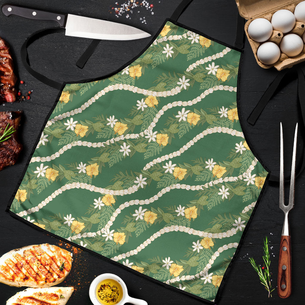 Hawaiian Pikake Maile Lei Apron Tiare Hibiscus Kalo Palapalai Leaf Green LT19 Green - Polynesian Pride