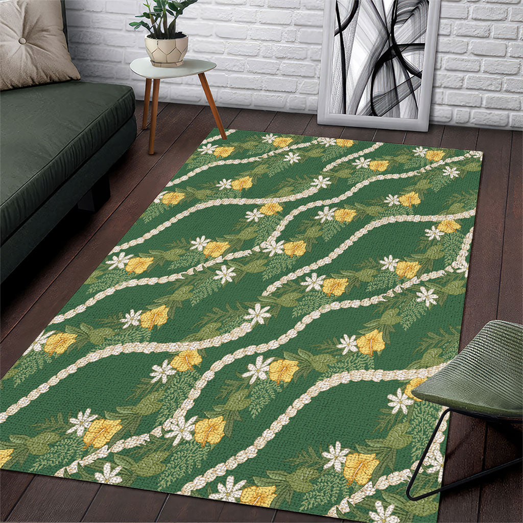 Hawaiian Pikake Maile Lei Area Rug Tiare Hibiscus Kalo Palapalai Leaf Green LT19 Green - Polynesian Pride