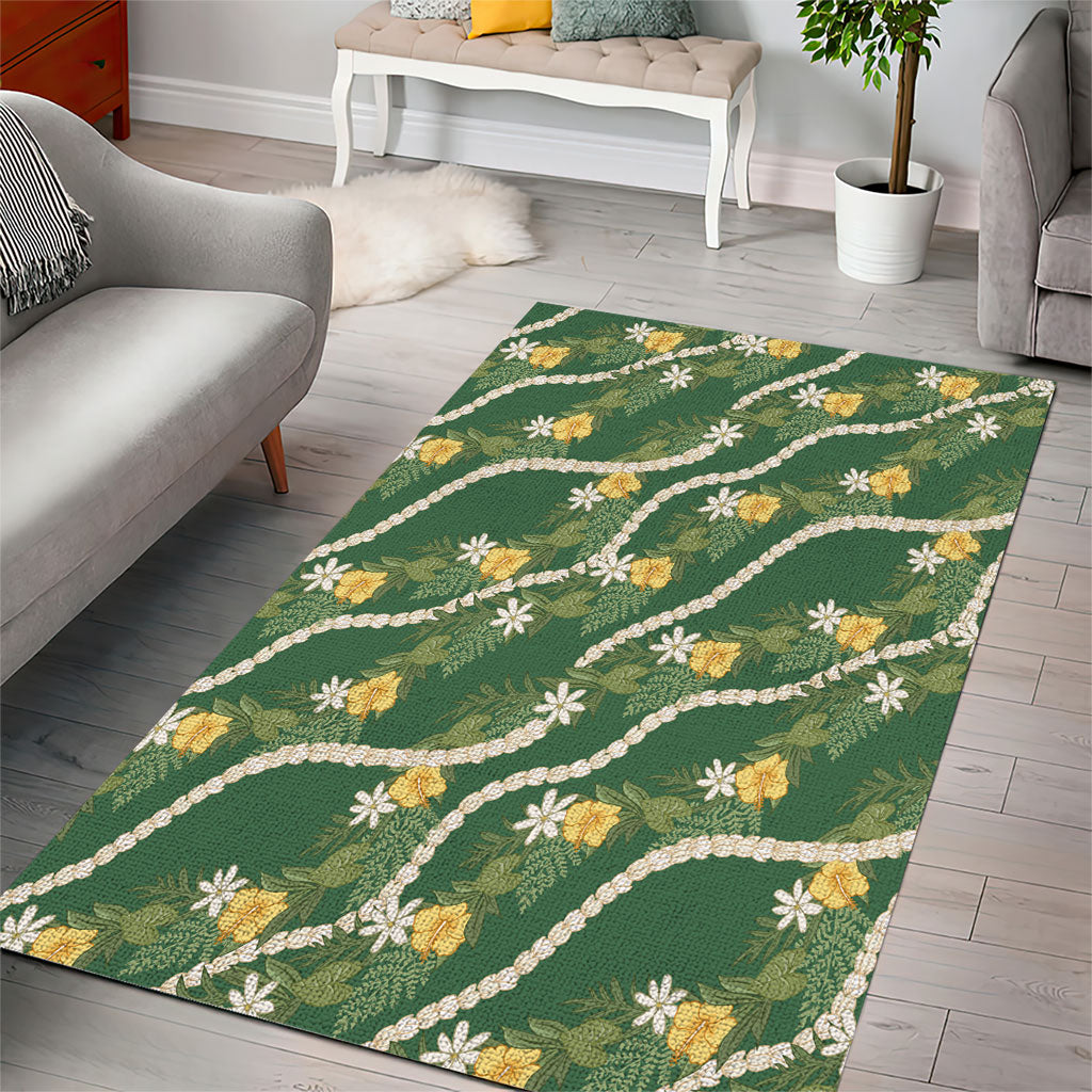 Hawaiian Pikake Maile Lei Area Rug Tiare Hibiscus Kalo Palapalai Leaf Green LT19 - Polynesian Pride