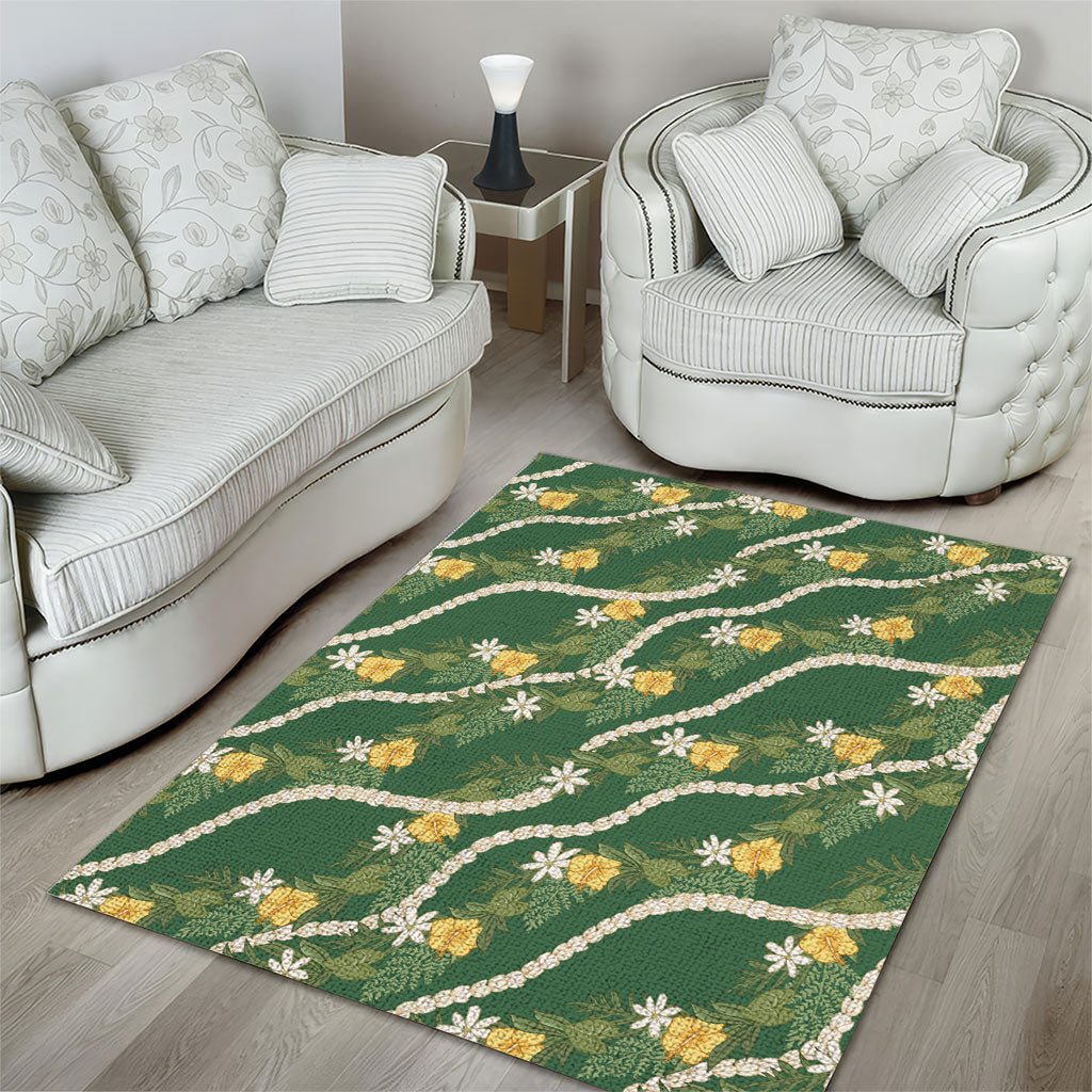 Hawaiian Pikake Maile Lei Area Rug Tiare Hibiscus Kalo Palapalai Leaf Green LT19 - Polynesian Pride