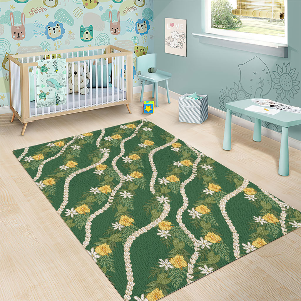 Hawaiian Pikake Maile Lei Area Rug Tiare Hibiscus Kalo Palapalai Leaf Green LT19 - Polynesian Pride
