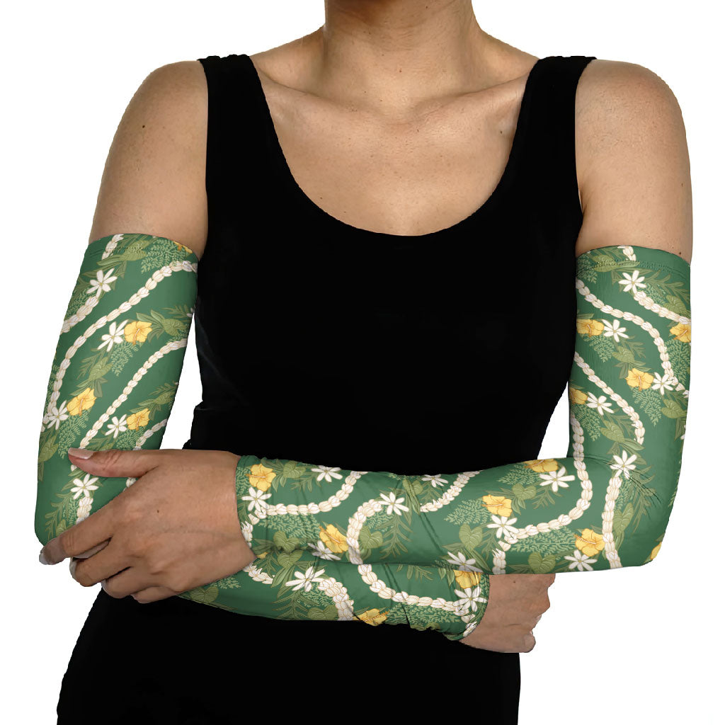 Hawaiian Pikake Maile Lei Arm Sleeves Tiare Hibiscus Kalo Palapalai Leaf Green LT19 - Polynesian Pride