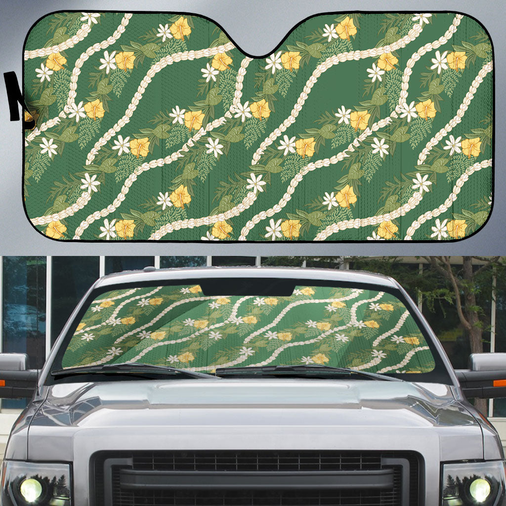 Hawaiian Pikake Maile Lei Auto Sun Shade Tiare Hibiscus Kalo Palapalai Leaf Green LT19 Green - Polynesian Pride