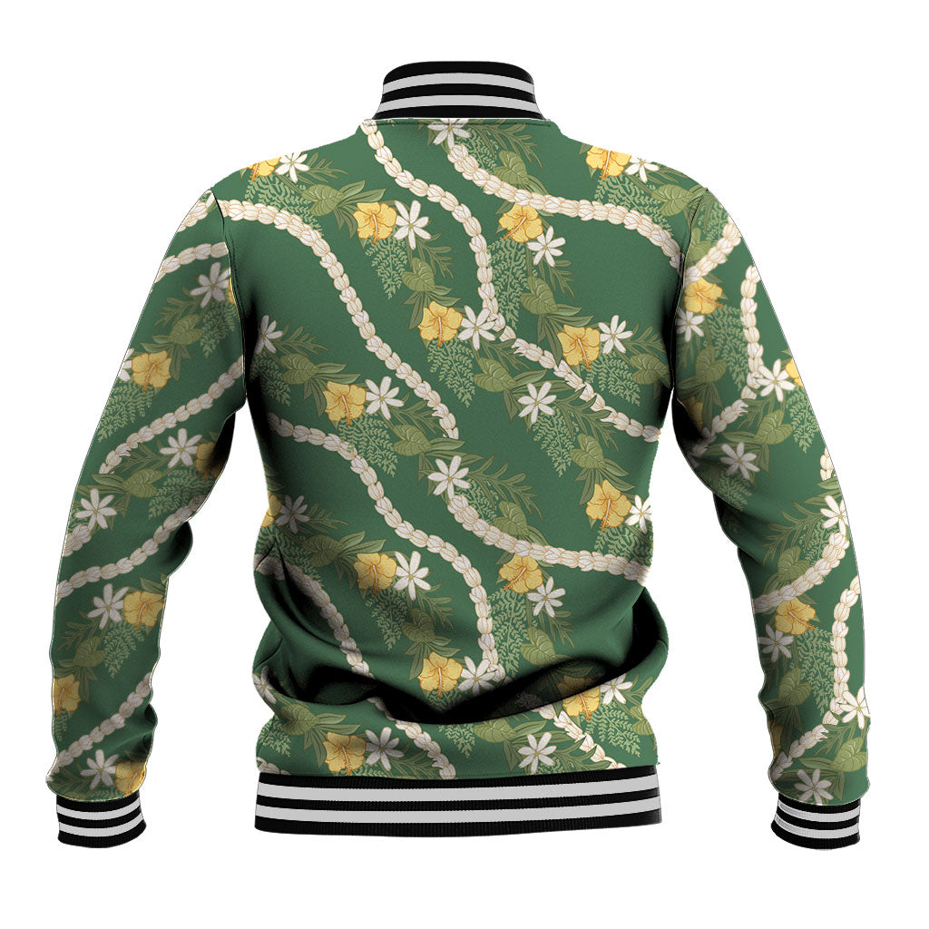 Hawaiian Pikake Maile Lei Baseball Jacket Tiare Hibiscus Kalo Palapalai Leaf Green LT19 - Polynesian Pride