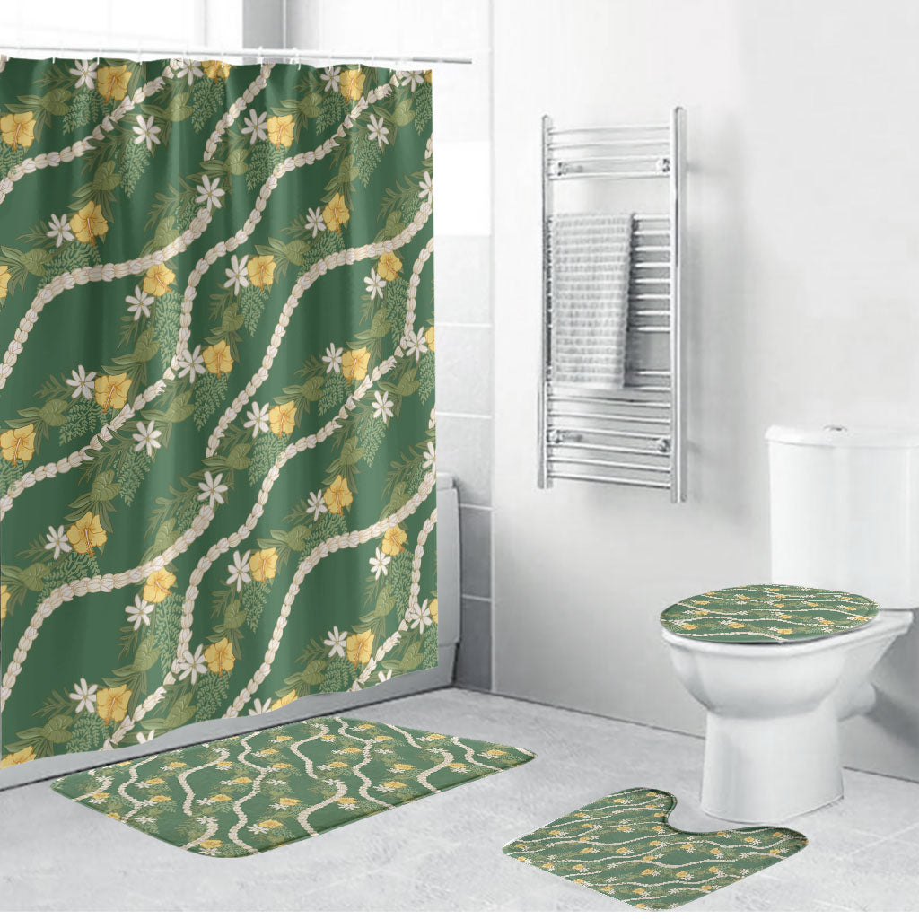 Hawaiian Pikake Maile Lei Bathroom Set Tiare Hibiscus Kalo Palapalai Leaf Green LT19 Bathroom Set (4 pcs) Green - Polynesian Pride