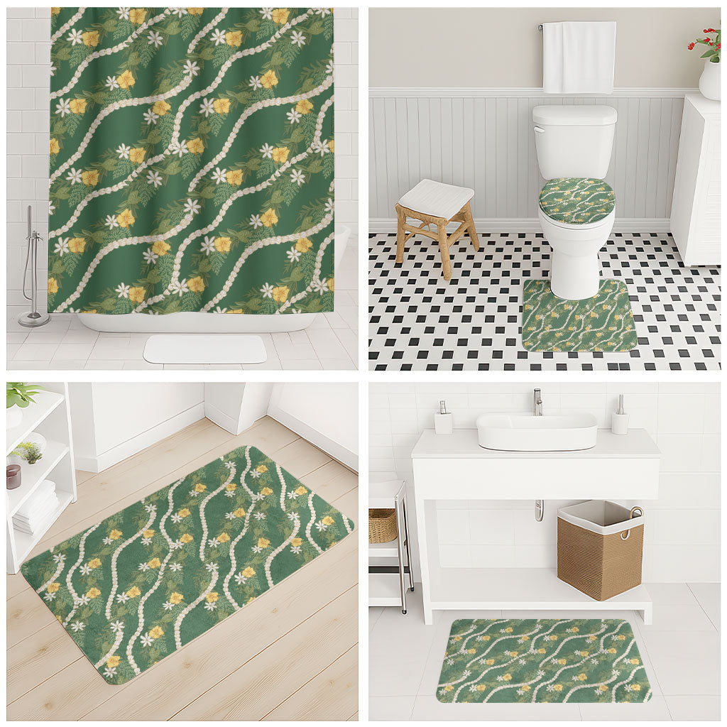 Hawaiian Pikake Maile Lei Bathroom Set Tiare Hibiscus Kalo Palapalai Leaf Green LT19 - Polynesian Pride