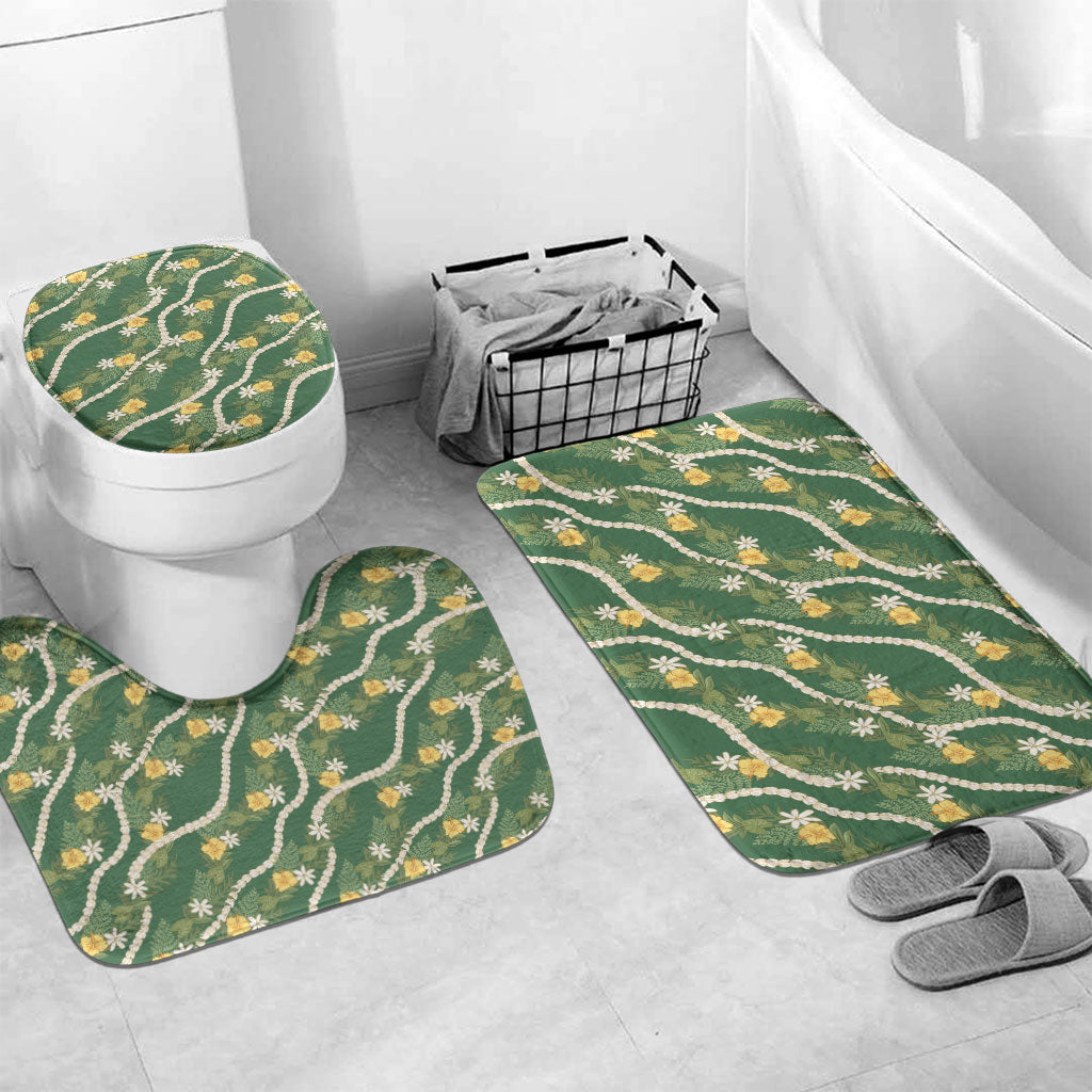 Hawaiian Pikake Maile Lei Bathroom Set Tiare Hibiscus Kalo Palapalai Leaf Green LT19 Mat Set Only (3 pcs) One Size Green - Polynesian Pride