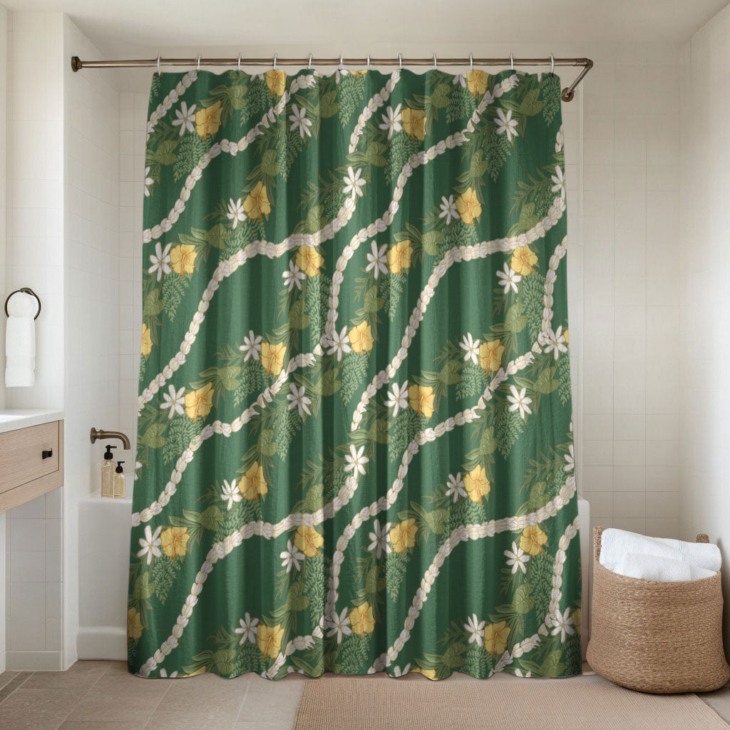 Hawaiian Pikake Maile Lei Bathroom Set Tiare Hibiscus Kalo Palapalai Leaf Green LT19 Shower Curtain Only Green - Polynesian Pride