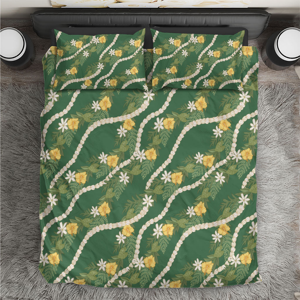 Hawaiian Pikake Maile Lei Bedding Set Tiare Hibiscus Kalo Palapalai Leaf Green LT19 Green - Polynesian Pride