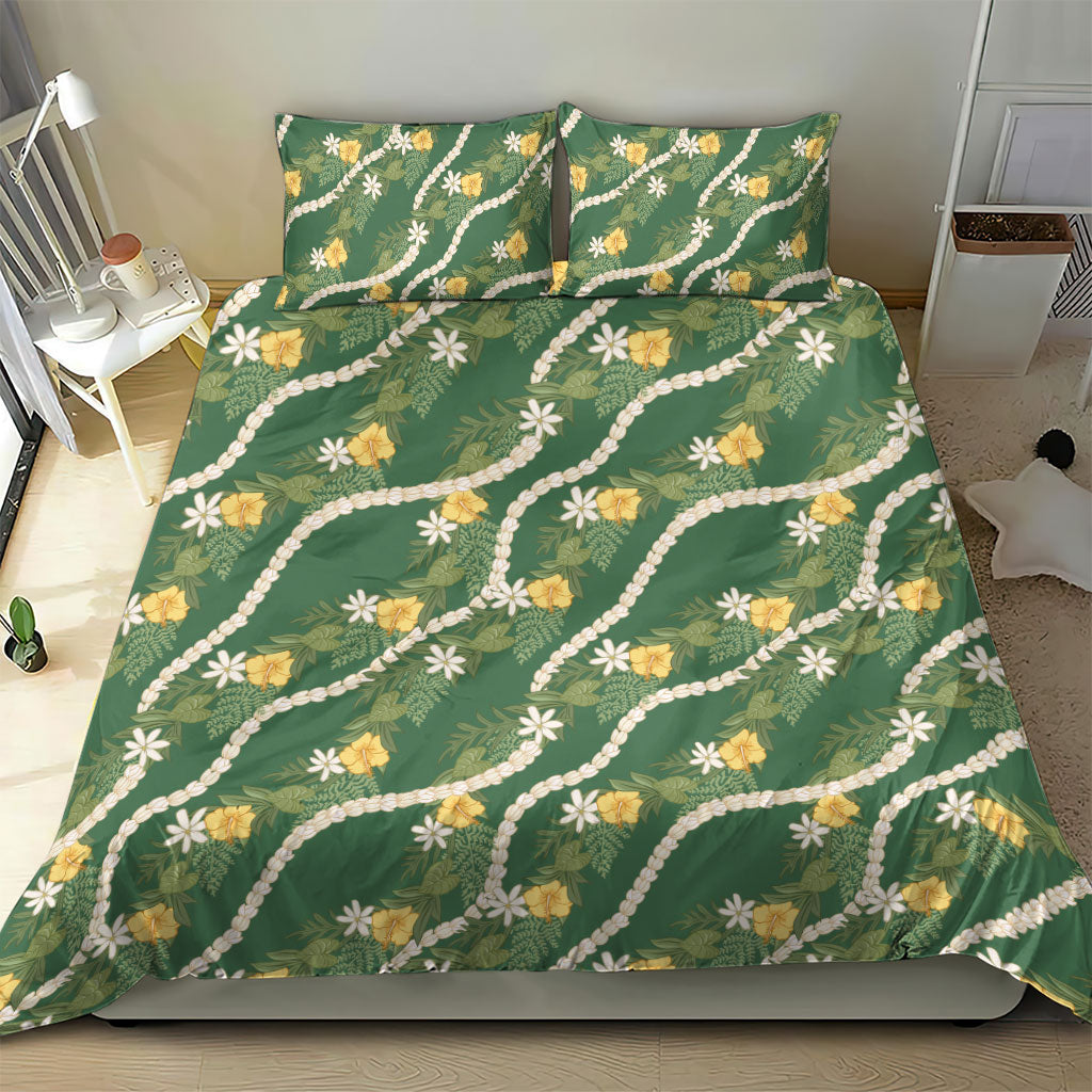 Hawaiian Pikake Maile Lei Bedding Set Tiare Hibiscus Kalo Palapalai Leaf Green LT19 - Polynesian Pride