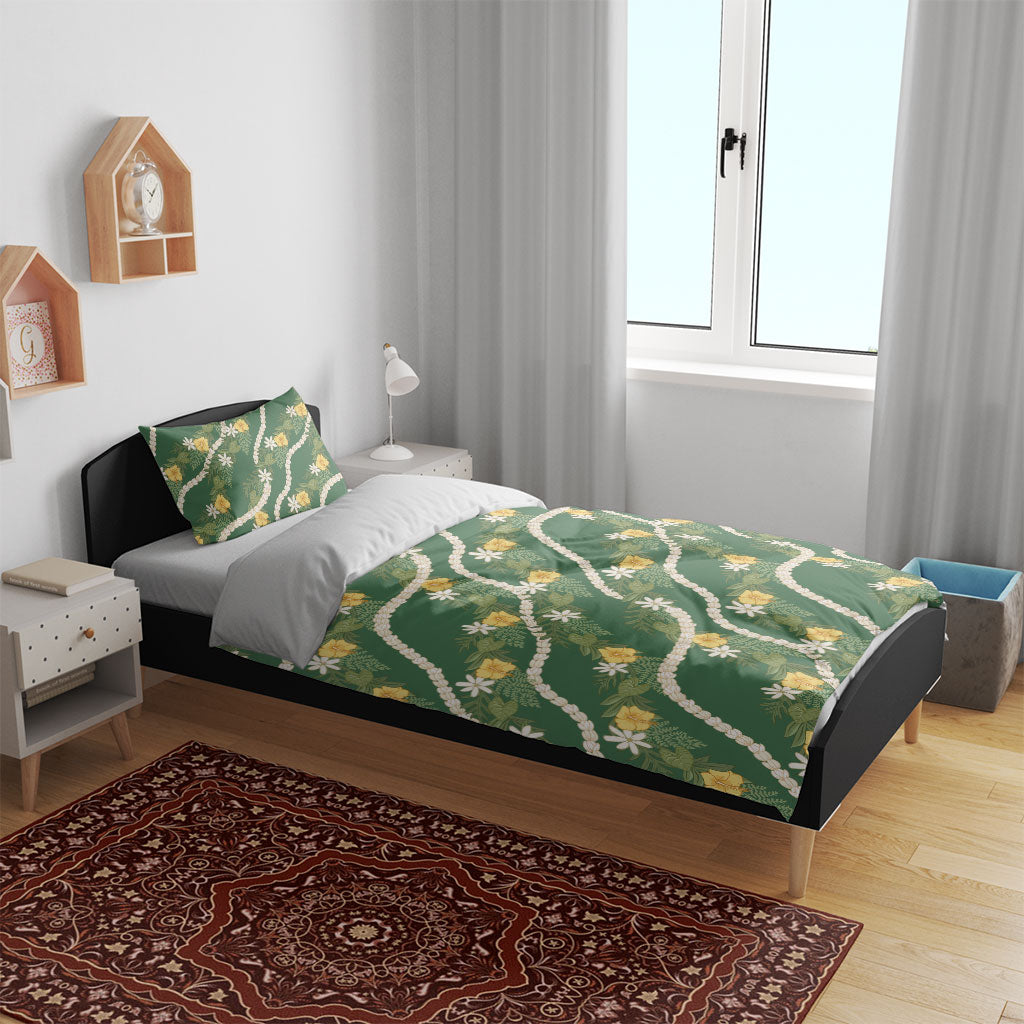 Hawaiian Pikake Maile Lei Bedding Set Tiare Hibiscus Kalo Palapalai Leaf Green LT19 - Polynesian Pride