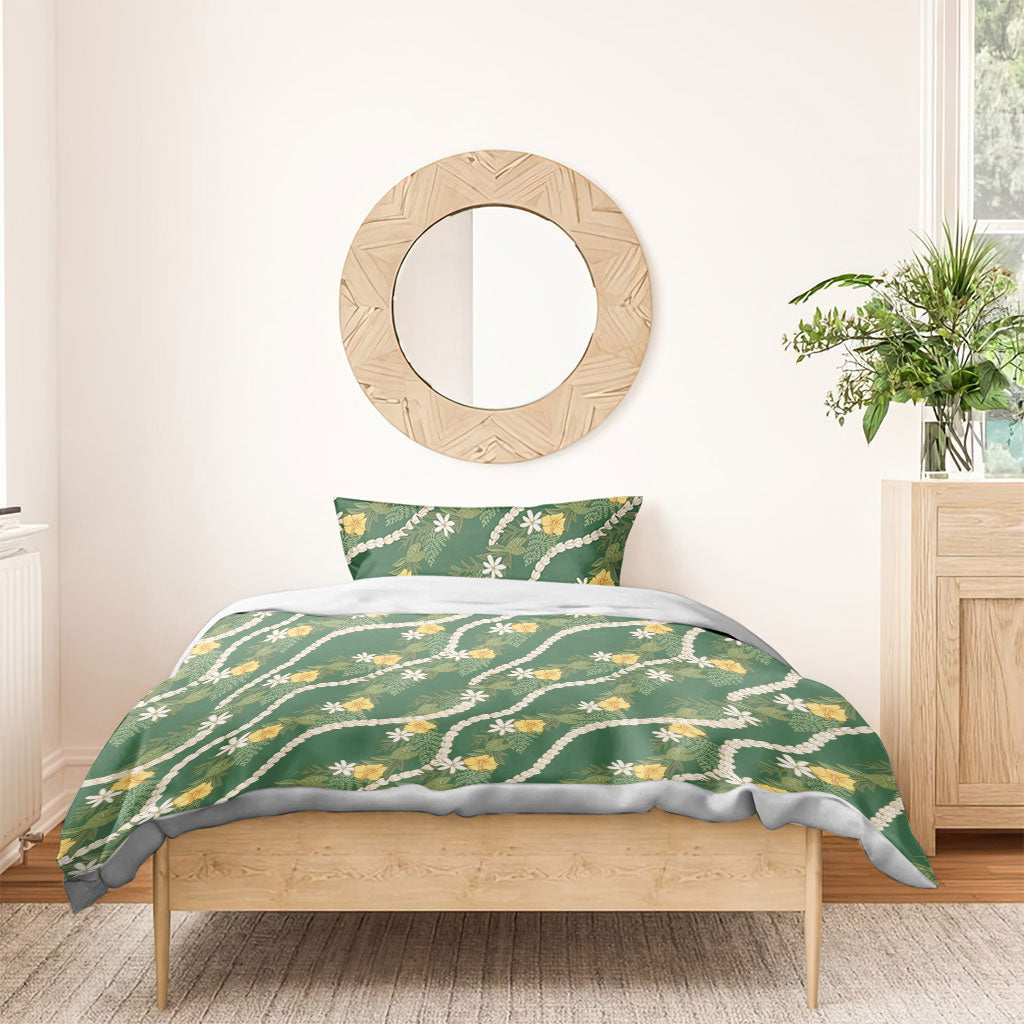 Hawaiian Pikake Maile Lei Bedding Set Tiare Hibiscus Kalo Palapalai Leaf Green LT19 - Polynesian Pride