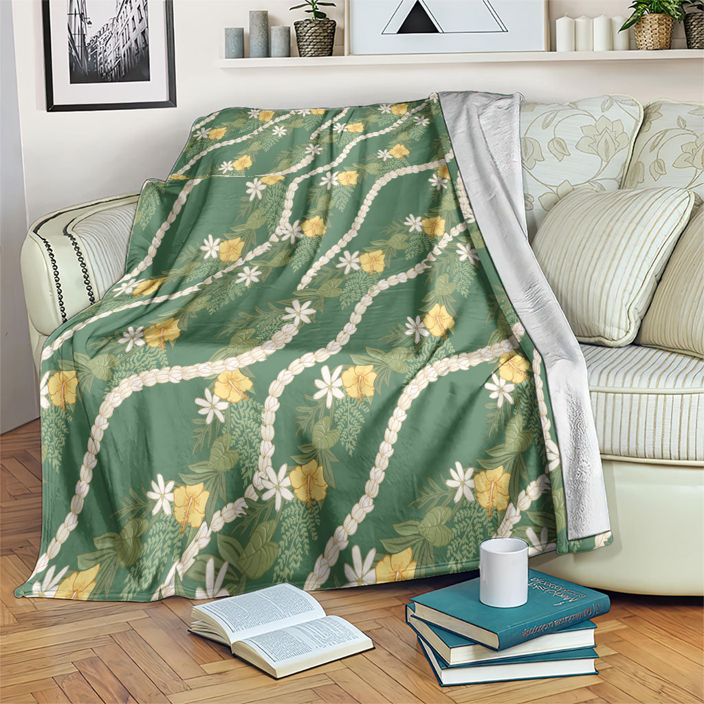 Hawaiian Pikake Maile Lei Blanket Tiare Hibiscus Kalo Palapalai Leaf Green LT19 Green - Polynesian Pride