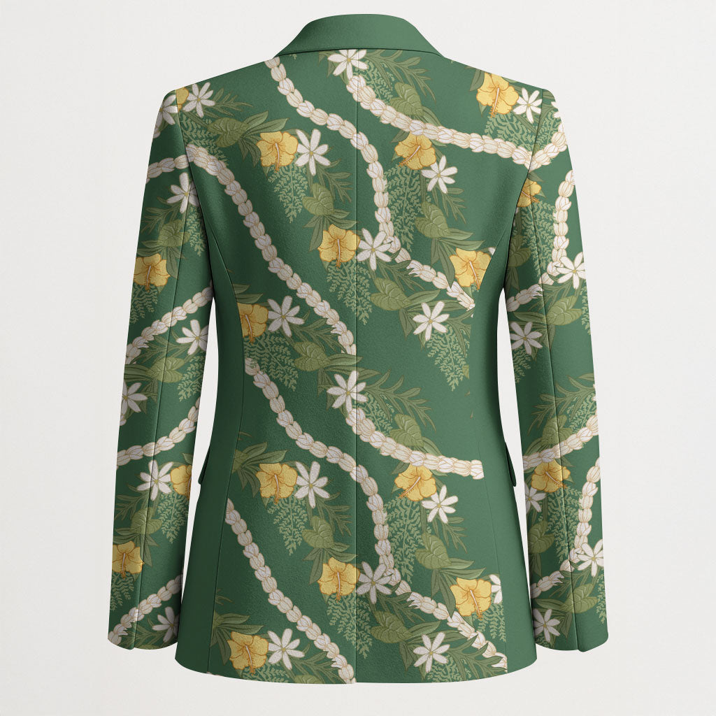 Hawaiian Pikake Maile Lei Blazer Tiare Hibiscus Kalo Palapalai Leaf Green LT19 - Polynesian Pride
