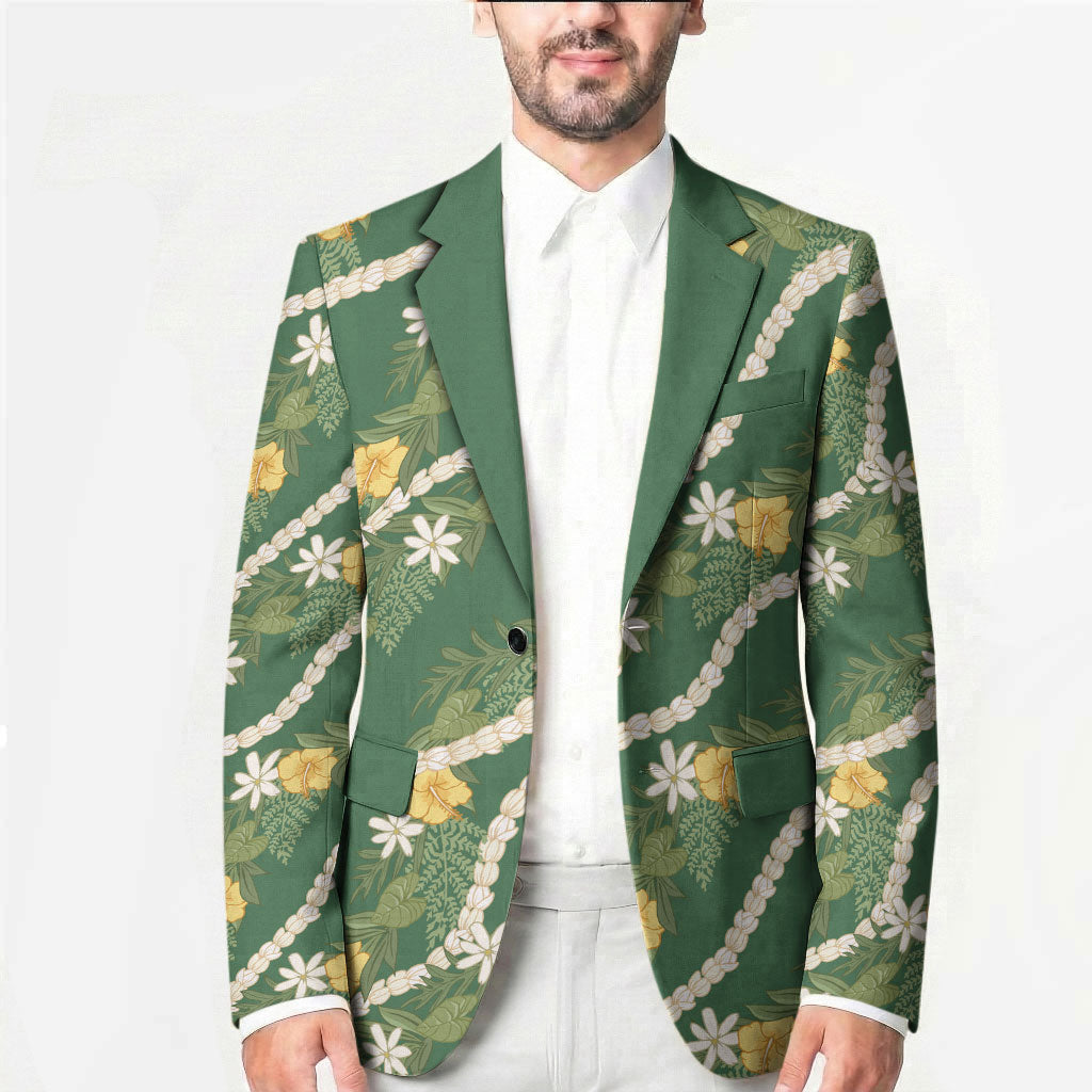 Hawaiian Pikake Maile Lei Blazer Tiare Hibiscus Kalo Palapalai Leaf Green LT19 - Polynesian Pride