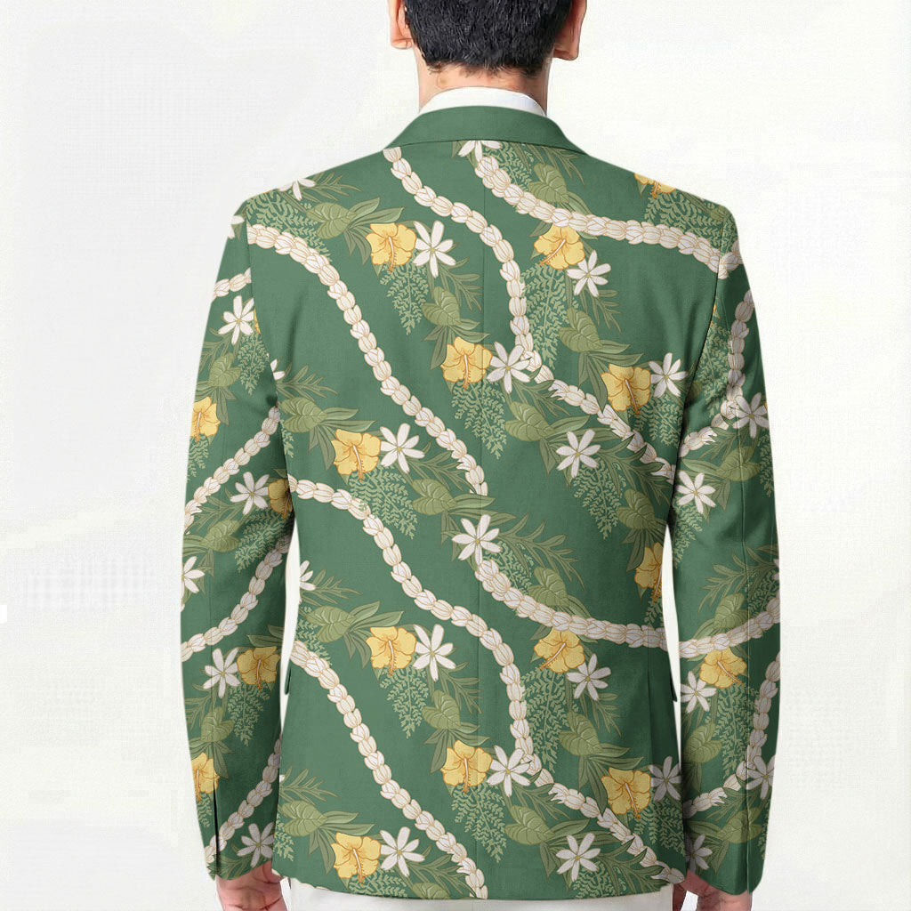Hawaiian Pikake Maile Lei Blazer Tiare Hibiscus Kalo Palapalai Leaf Green LT19 - Polynesian Pride