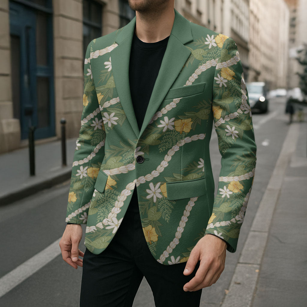 Hawaiian Pikake Maile Lei Blazer Tiare Hibiscus Kalo Palapalai Leaf Green LT19 - Polynesian Pride