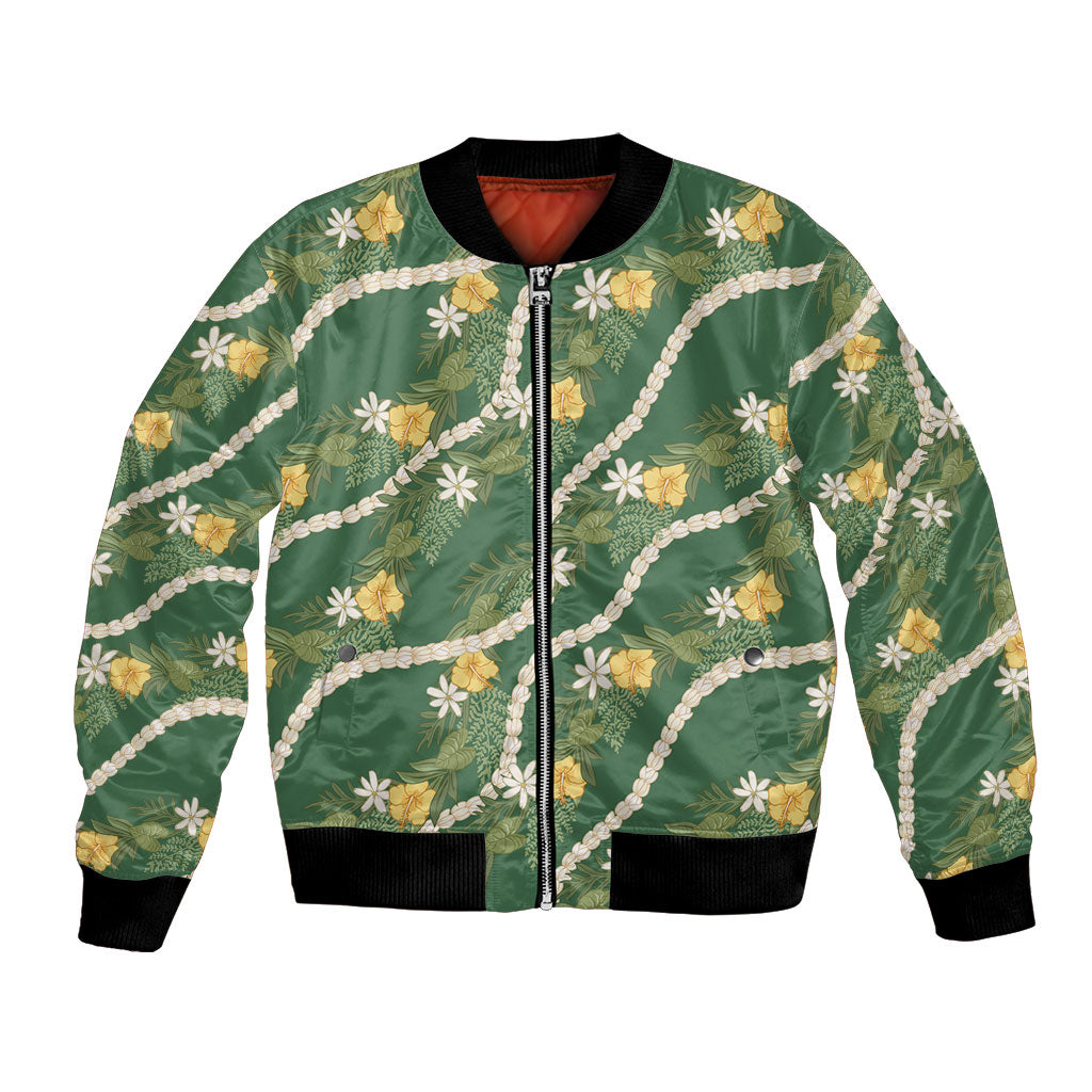 Hawaiian Pikake Maile Lei Bomber Jacket Tiare Hibiscus Kalo Palapalai Leaf Green LT19 Unisex Green - Polynesian Pride