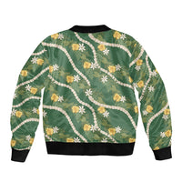 Hawaiian Pikake Maile Lei Bomber Jacket Tiare Hibiscus Kalo Palapalai Leaf Green LT19 - Polynesian Pride