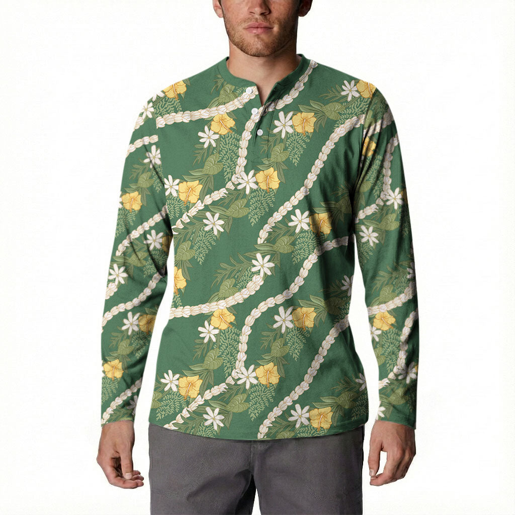 Hawaiian Pikake Maile Lei Button Sweatshirt Tiare Hibiscus Kalo Palapalai Leaf Green LT19 - Polynesian Pride