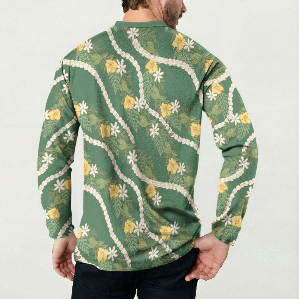Hawaiian Pikake Maile Lei Button Sweatshirt Tiare Hibiscus Kalo Palapalai Leaf Green LT19 - Polynesian Pride