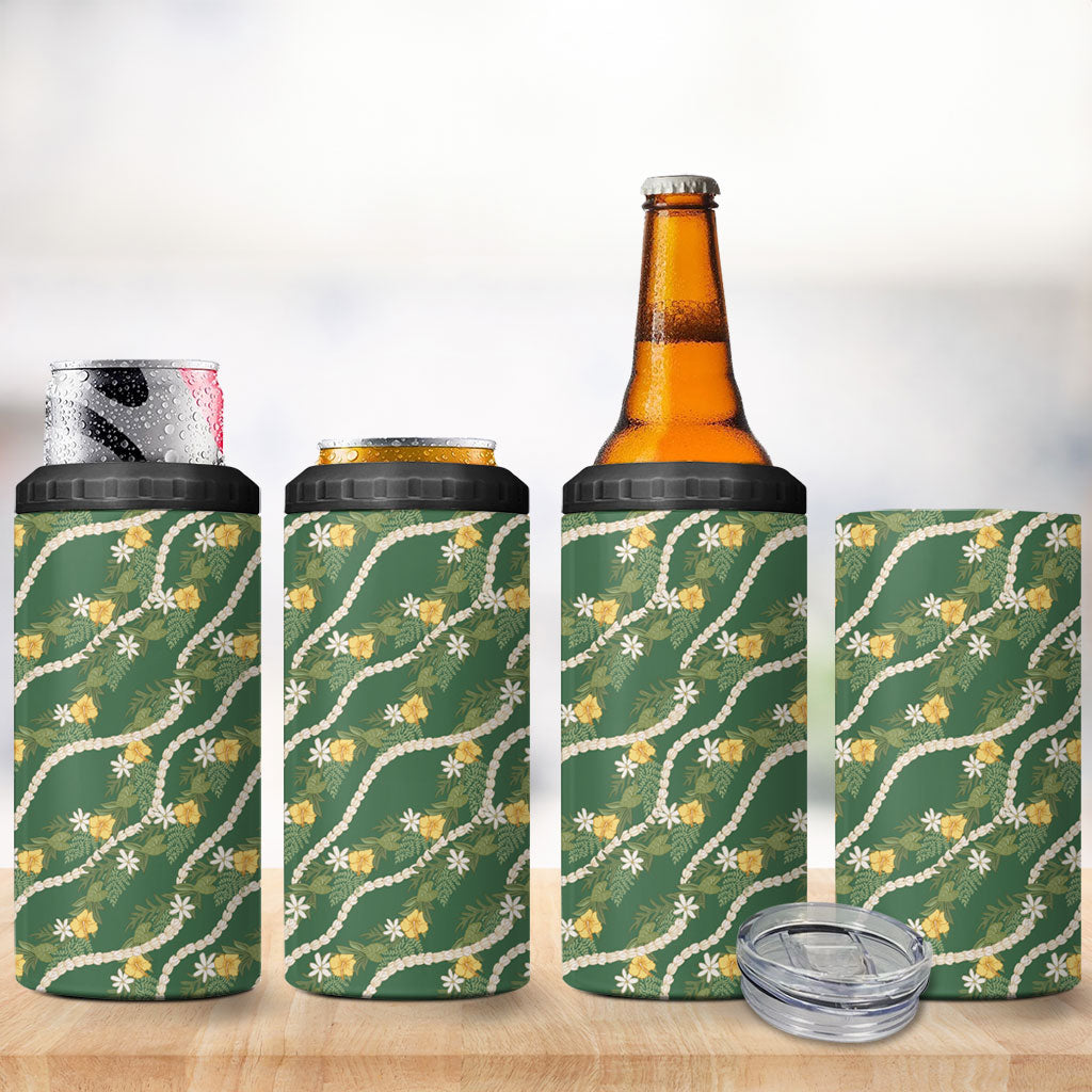 Hawaiian Pikake Maile Lei 4 in 1 Can Cooler Tumbler Tiare Hibiscus Kalo Palapalai Leaf Green