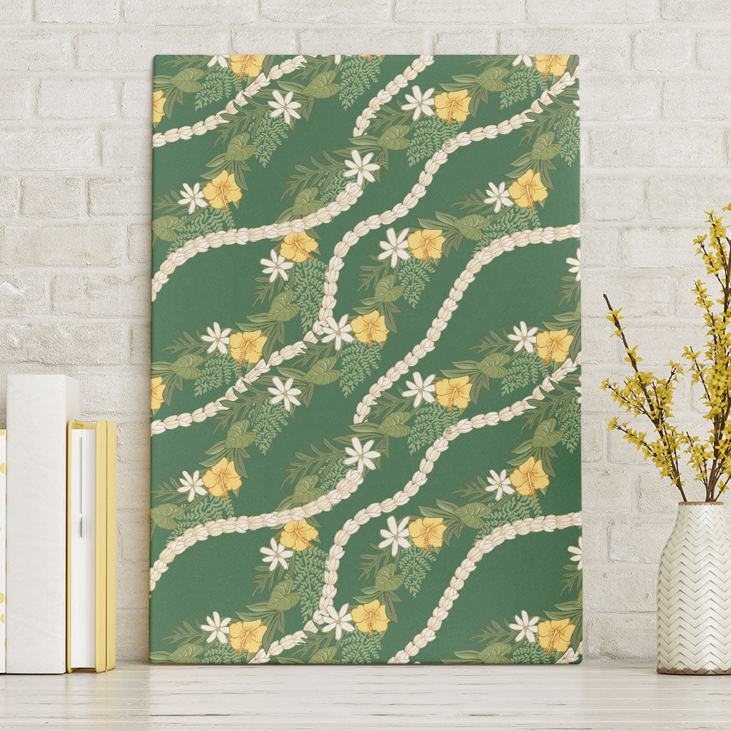 Hawaiian Pikake Maile Lei Canvas Wall Art Tiare Hibiscus Kalo Palapalai Leaf Green LT19 Without Frame Green - Polynesian Pride