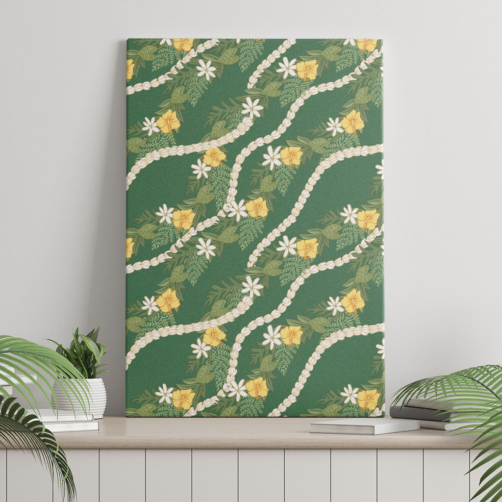 Hawaiian Pikake Maile Lei Canvas Wall Art Tiare Hibiscus Kalo Palapalai Leaf Green LT19 - Polynesian Pride