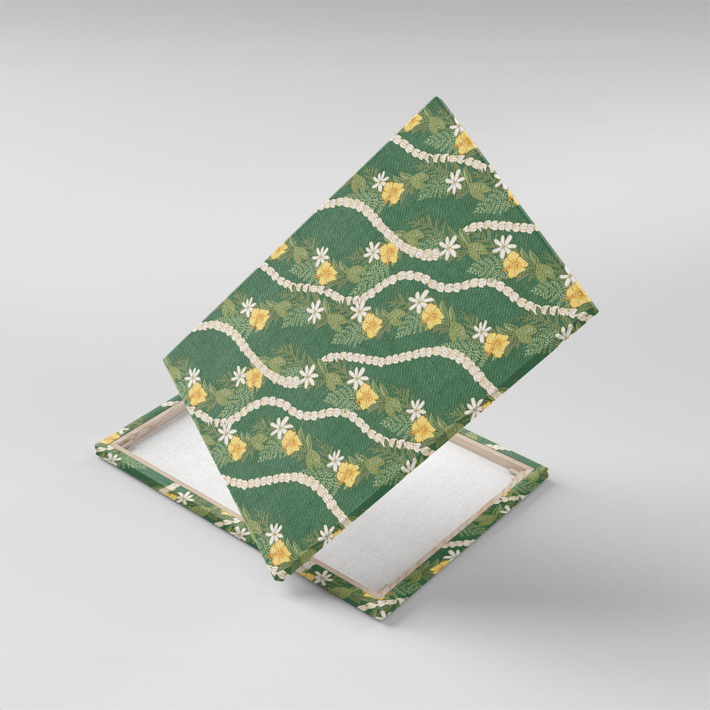 Hawaiian Pikake Maile Lei Canvas Wall Art Tiare Hibiscus Kalo Palapalai Leaf Green LT19 With Frame Green - Polynesian Pride
