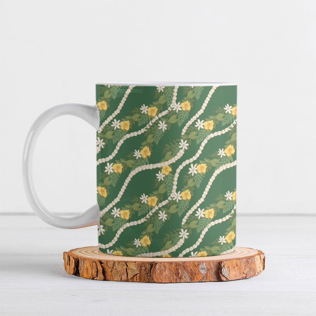 Hawaiian Pikake Maile Lei Ceramic Mug Tiare Hibiscus Kalo Palapalai Leaf Green LT19 Green - Polynesian Pride